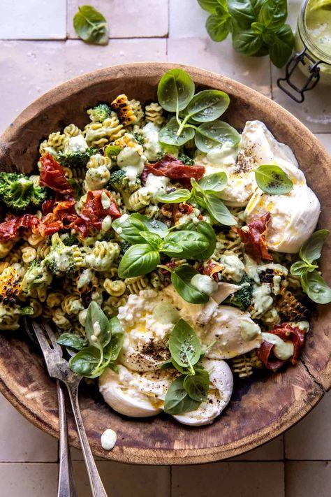 Broccoli Burrata Pasta Salad: Simple to toss together and super flavorful...perfect for serving at your next backyard dinner! Broccoli Burrata Pasta Salad, Half Baked Harvest Pasta Salad, Salad Ideas Lettuce, French Onion Pasta Salad, Baratta Salad, Half Baked Harvest Pasta, Vegetable Pasta Salad Recipes, Pasta Lunch Recipes, Summer Recipes For A Crowd