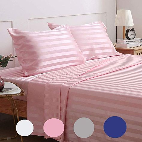 Amazon.com: Treely Silky Satin Sheet Set Super Soft Striped Bed Full Sheet Set with Deep Pocket Fitted Sheet, Flat Sheet, Pillow Cases(4-Pieces, Pink): Bedding & Bath 80’s Bedroom, Pink Bed Sheets, Microfiber Bed Sheets, Queen Size Sheets, Pink Sheets, Striped Bedding, Satin Bedding, Patterned Bedding, Satin Sheets