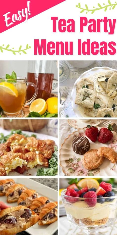 Tea Party Menu Ladies, Tea Party Entrees, Tea Party Food Recipes Easy, Tea Party Board, Bunch Menu Ideas, Tea Party Salads, Afternoon Tea Menu Ideas Finger Foods, Food For A Tea Party, What To Serve At A Tea Party