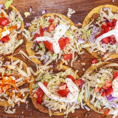 Tostadas Blackstone Tostadas, Street Taco Seasoning, Street Taco, Blackstone Recipes, Blackstone Griddle, Street Tacos, Shredded Lettuce, Green Tomatoes, Bean Salad