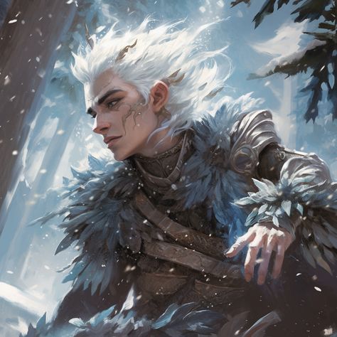 Eladrin in Winter in the Feywild (MidJourney) Dnd Winter Character Art, Dnd Eladrin Winter, Winter Ranger Dnd, Winter Elf Dnd, Eladrin Elf Male, Winter Eladrin Male, Eladrin Male, Winter Fey, Winter Character Design