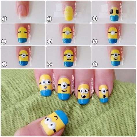 step by step nail art - Google Search Minion Nail Art, Minion Nails, Diy Kunst, Best Nail Art Designs, Super Nails, Briar Rose, Disney Nails, Diy Nail Designs, Trendy Nail Art