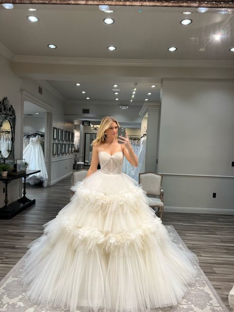 Romantic Ines Di Santo “Chevron” tulle wedding dress with tiered 3D flowers from Lovella Bridal store in Los Angeles Ruffle Ball Gown Wedding Dress, Full Tulle Wedding Dress, Wedding Dress Tutu, Extreme Wedding Dresses, Ruffle Dress Wedding, Wedding Dress With Tulle, Wedding Dress Tiered, Tiered Wedding Dresses, Big Tulle Dress