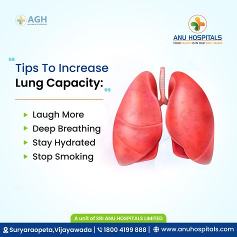 Looking to boost your lung capacity? Discover effective tips to breathe easier and strengthen your lungs! 
.
.
.
#Anuhospitals #vijayawada #LungCapacity #BreathingTips #RespiratoryHealth #HealthyLungs #LungHealth #BreatheBetter
#CardioHealth #FitnessTips #WellnessWednesday
#HealthyLiving #BreathingExercises #HealthTips
#StayActive #LungStrength #FitnessMotivation Healthy Lungs, Lungs Health, Wellness Wednesday, Respiratory Health, Breathing Exercises, Lungs, Fitness Tips, Health Tips, Healthy Living