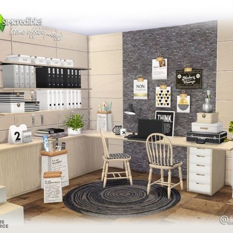 Sims4 CC Study room set by SIMcredible Sims 4 Skills, Office Stationary, App Home, Sims 4 Cc Furniture, Office Set, Modern Home Office, Sims 4 Houses, Office Room, Sims Mods