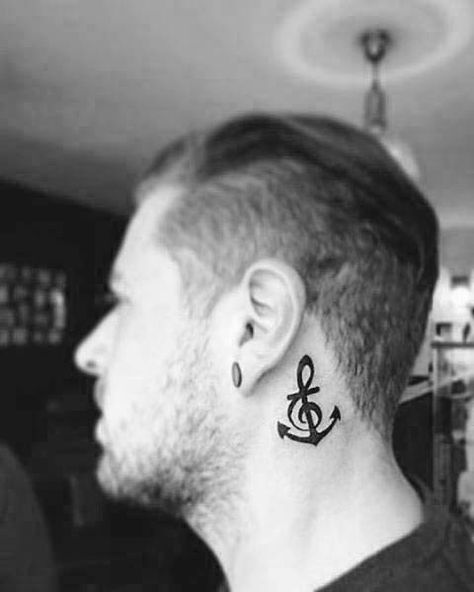 Treble Clef Anchor Mens Upper Neck Tattoos Tattoo Back Of Neck, Clef Tattoo, Small Music Tattoos, Treble Clef Tattoo, Drum Tattoo, Wing Tattoo Men, Girl Neck Tattoos, Anchor Tattoo Design, Meaningful Tattoo Quotes