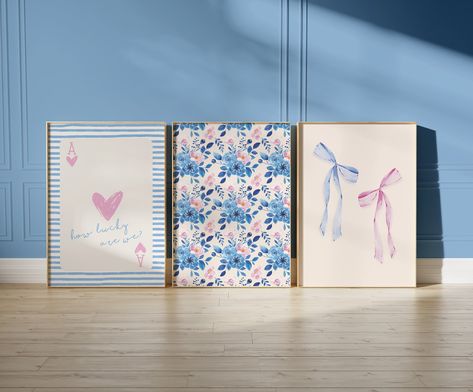 Pink and Blue Floral Bow Wall Art Set of 3, Preppy Ace Card Print, How Lucky Are We Print, Trendy Aesthetic Coquette Dorm College Room Decor Coquette Dorm, Bow Wall, College Room Decor, Ace Card, Blue Artwork, College Room, Card Print, Aesthetic Coquette, Trendy Aesthetic