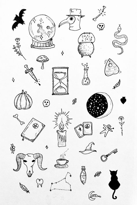 Stick And Poke Tattoo Halloween, Minimalist Magic Tattoo, Mini Witch Tattoo, Black Magic Tattoo Ideas, Magic Doodles Simple, Tiny Witch Hat Tattoo, Witchy Small Tattoos, Witchy Sketches Easy, Small Witchy Tattoos Simple