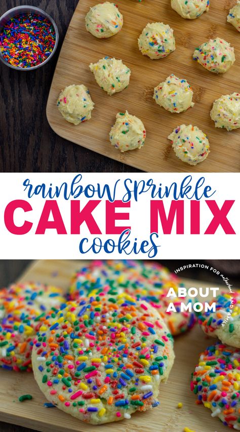 White Cake Mix Cookies with Rainbow Sprinkles - About a Mom Sprinkle Cake Cookies, Cake Mix Cookies With White Cake, Vanilla Cake Box Cookies, Rainbow Cake Mix Cookies, Cake Mix Sprinkle Cookies, Rainbow Chip Cake Mix Cookies, White Cake Mix Cookies Recipes, Recipes With White Cake Mix Boxes, White Cake Mix Ideas