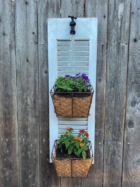 Added baskets to use as planters and a faucet with stringed glass beads Repurposed Shutters, Shutters, Faucet, Glass Beads, Baskets, Beads, Glass