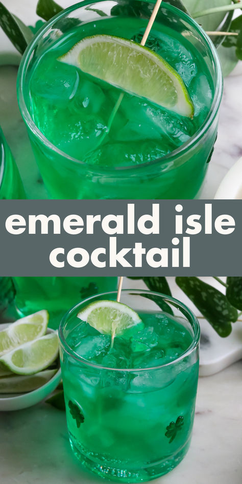 If you need a green cocktail for St. Patrick's Day, we have the perfect drink! Our Emerald Isle Cocktail is a well-balanced blend of apple-flavored rum, blue Curacao, sour apple liqueur, melon liqueur, and a splash of lemon-lime soda. Dark Green Alcoholic Drinks, Green Themed Alcoholic Drink, Green Alcoholic Drinks For A Party, Spongebob Drinks, Green Cocktails Recipes, Green Drinks Alcohol, Green Alcoholic Drinks, Dark Green Cocktail, Green Cocktails