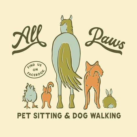 Custom logo and illustration for All Paws Pet Sitting and Dog Walking! (also my first time using procreate) The goal was to redesign her clip art logo of dogs to show all types of pets. We wanted a vintage/rustic feeling with fun earthy colors! Pet Sitting Logo, Dog Walking Logo, Animal Graphic Design, Rustic Logo, Horse Illustration, Pets Drawing, Animal Graphic, Pet Sitting, Animal Logo