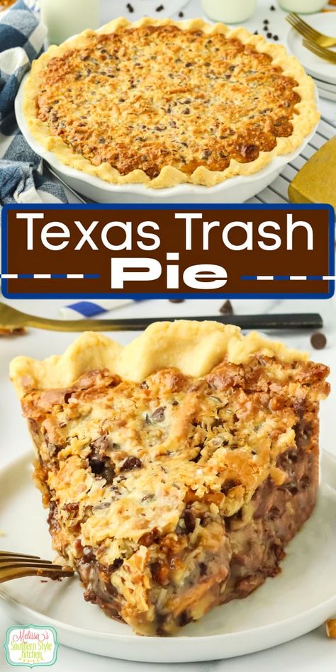 This copycat Texas Trash Pie is sweet and delicious! #copycatrecipe #royerspie #texastrashpie #Texaspierecipe #pierecipes #texastrashpie #southernpies via @melissasssk Texas Frito Pie, Texas Trash Pie Recipe Southern Living, Best Pie Ever, Unusual Pies, Texas Trash Pie Recipe, Texas Trash Pie, Gastric Recipes, Texas Pie, Trash Pie