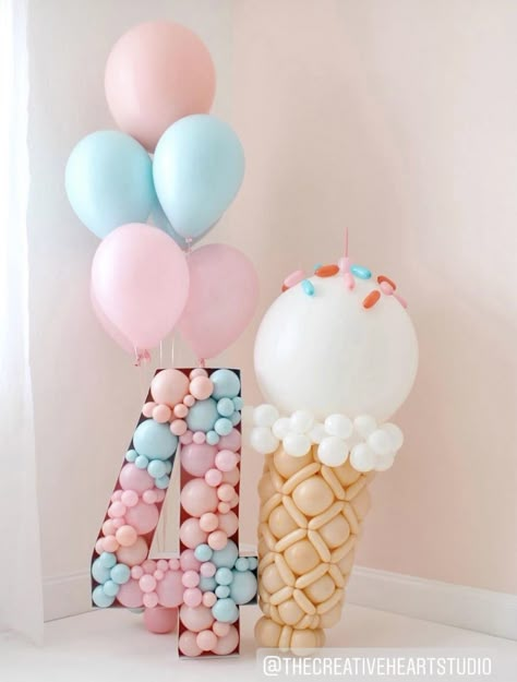 Donut Garland, Ice Cream Birthday Party Theme, Ice Cream Balloons, Ice Cream Party Theme, Balloon Creations, Blue Confetti, Second Birthday Ideas, Ice Cream Birthday Party, Ice Cream Theme