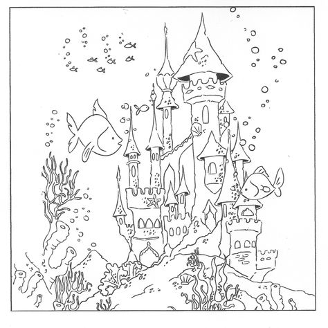 Castle Drawing Easy, Underwater Castle, Underwater Drawing, Castle Coloring Page, Mermaid Quilt, Ocean Coloring Pages, Castle Drawing, Line Artwork, Adult Colouring Pages