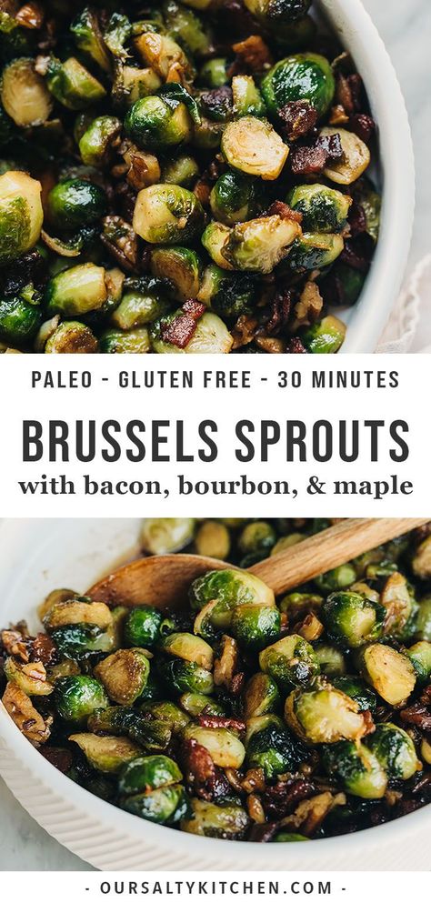 Maple bourbon glaze makes these crispy bacon brussels sprouts just a little extra special. The entire family will love this easy, gluten free Thanksgiving side dish! You'll love it too because it's make-ahead friendly, or ready in just 30 minutes! #paleo #glutenfree #sidedish #thanksgiving #recipe #bacon #30minutes #brusselssprouts Gluten Free Thanksgiving Side Dishes, Maple Bourbon Glaze, Bacon Brussels Sprouts, Gluten Free Thanksgiving Recipes, Bourbon Glaze, Thanksgiving Food Sides, Healthy Thanksgiving Recipes, Thanksgiving Appetizer Recipes, Maple Bourbon