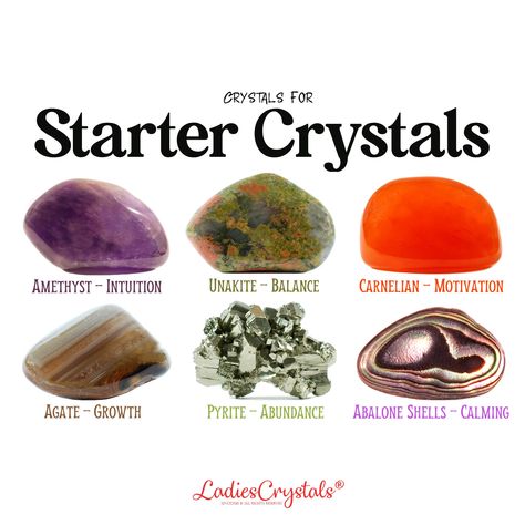 This is a starter crystal set of 6 crystals. Amethyst, unakite, carnelian, agate, pyrite and 3 abalone shells.  This starter set includes: ☆ 6 stones are listed above with sizes 2 - 2,5 cm. ☆ Information glossy card with the properties of crystals. ☆ Velvet bag for your stones. ☆ Gift card (optional). ☆ Everything is packed in a small elegant box with a ribbon ready to be given as a gift. ☆ CRYSTALS PROPERTIES ☆ Amethyst - Intuition Unakite - Balance Carnelian - Motivation Agate - Growth Pyrite - Abundance Abalone Shells - Calming ☆ HOW TO USE ☆ You can use the crystals in whatever way works for you, such as wearing them in your pocket, placing them on your desk or on a windowsill, or simply holding it in your hand every time you need to be reminded of your intention. The important thing i Starter Crystals, Crystals Amethyst, The Crystals, Witch Stuff, Carnelian Agate, Wiccan Spell Book, Crystals Stones, Crystal Healing Stones, Crystal Set