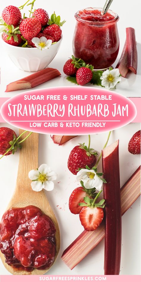 Low carb and keto-friendly strawberry rhubarb jam. This low carb jam recipe is shelf-stable for up to a year. Make a batch to stock your pantry for all your sugar-free baking. This jam is sticky and gelled perfectly and tastes just like an old fashioned homemade jam. You control the level of sweetness in this recipe too, so if you like it less sweet, you can reduce the sweetener. Keto Rhubarb Jam Recipes, Low Sugar Strawberry Rhubarb Jam, Keto Strawberry Rhubarb Recipes, Sugar Free Strawberry Rhubarb Jam, Healthy Rhubarb Recipes Sugar Free, Low Carb Rhubarb Recipes, Sugar Free Rhubarb Jam, Keto Canning Recipes, Keto Preserves