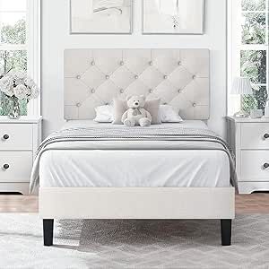 Twin Size Bed Frame with Button Tufted Headboard, Linen Upholstered Platform Bed with Wooden Slats Support, Easy Assembly, No Box Spring Required, Beige Twin Size Bed Frames, Headboard Twin Bed, White Twin Bed, Kids Twin Bed Frame, Cloth Headboard, Cheap Bed Frame, Girls Twin Bed, Twin Xl Bed Frame, Soft Headboard