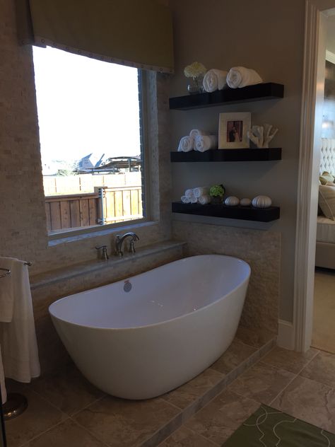 Stand alone tub, with open shelves and I adore the tile on the wall Free Standing Tub Shelf Ideas, Standing Tub With Shelf, Free Standing Tub With Shelf, Free Standing Bath Tub With Shelf, Free Standing Tub With Ledge Behind, Ledge Behind Tub, Bathtub Wall Shelf, Bathrooms With Free Standing Tubs, Stand Alone Bath Tub Decor