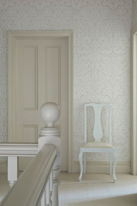 Wall:- Farrow & Ball 'Silvergate' BP 810 Paint:- Farrow & Ball 'Joa's White' 226 Farrow And Ball Wallpaper, Subtle Wallpaper, Victorian Colors, Hallway Wallpaper, Ball Wallpaper, Off White Paints, Elegant Wallpaper, Farrow And Ball Paint, Farrow And Ball