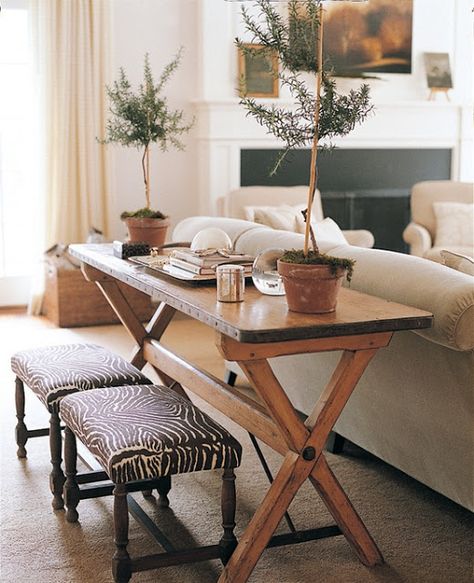 topiaries...the perfect accessory Long Narrow Dining Table, Narrow Dining Tables, Sofa Table Decor, Table Behind Couch, Small Dining Room Table, Behind Couch, Living Room Dining Room Combo, Dining Room Combo, Dining Room Table Set