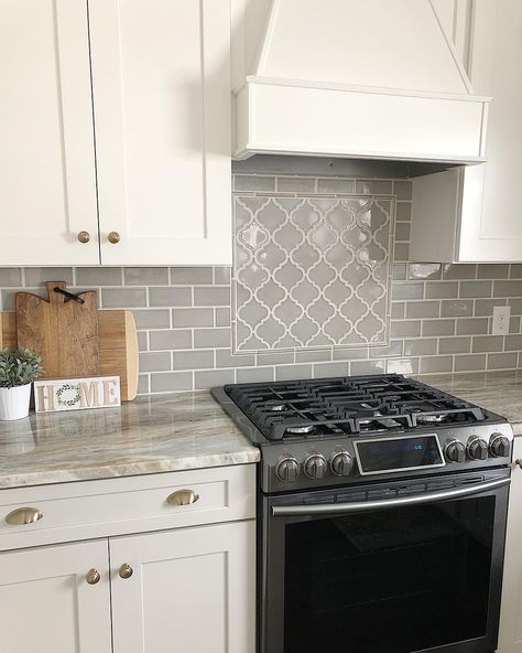 Dove Gray Arabesque Backsplash, Tile Behind Kitchen Sink, Dove Gray Kitchen Cabinets, Dove Gray Kitchen, Counter Backsplash, Gray Kitchen Cabinets, Brick Backsplash Kitchen, Diy Backsplash, Kitchen Backsplash Designs