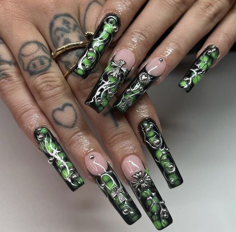 Green Alt Nails, Goth Square Nails, Green Gothic Nails, Green Y2k Nails, Cybergoth Nails, Green Baddie Nails, Brat Nails, Jay Core, Green Acrylic Nails