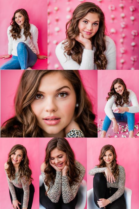 High School Senior Studio Portraits, Indoor Senior Picture Ideas, Studio Senior Photos, 13 Photoshoot, Indoor Senior Pictures, Pink And Girly, Modeling Shoot, Women Poses, Pageant Headshots