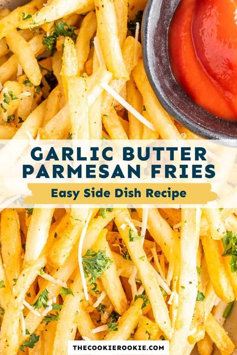 These Garlic Parmesan Fries come together so easily and are utterly addictive! Cheesy, savory and perfect for dipping. Whip up a batch for an easy snack or game day treat! Garlic Butter French Fries, Garlic Park French Fries, Garlic Butter Parmesan Fries, Garlic Butter Fries, Cheesy French Fries, Garlic Fries Recipe, Vegetarian Party Snacks, Parmesan Fries Recipe, Sides Potatoes