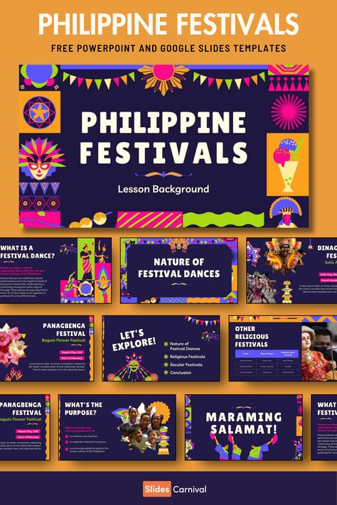 Bring the vibrant culture of the Philippines into your classroom with this multicolored, illustrated color block presentation template. Perfect for teachers, this engaging slideshow template is designed to make learning about Philippine festivals a visual delight. Whether you prefer PowerPoint or Google Slides, this PPT template is packed with eye-catching illustrations that will captivate your students and make your lessons unforgettable. Poster Presentation Ideas, Culture Of The Philippines, Philippine Festivals, Slideshow Template, Philippines Culture, Google Slides Theme, Ppt Design, Flower Festival, Heritage Month