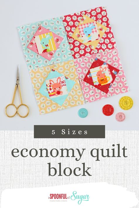 The Economy Block is the perfect choice when you want to focus on a fussy cut image from your novelty fabrics. In these 3-inch blocks, I fussy cut some adorable bunnies from a Japanese print in my stash and framed it with some of my Atsuko Matsuyama fabrics. Fussy Cut Quilt Blocks, Fussy Cut Quilt Patterns, Economy Quilt Block, Economy Quilt, Atsuko Matsuyama, Economy Block, A Spoonful Of Sugar, Adorable Bunnies, Foundation Paper Piecing Patterns