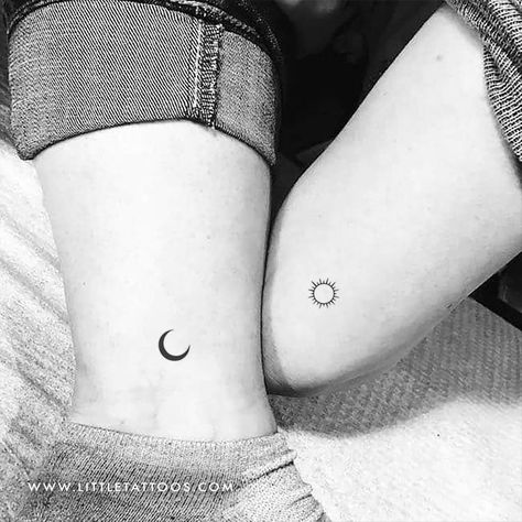 Small Matching Tattoos For Aunt And Niece, Siblings Matching Tattoos, Moon And Sun Couple, Simple Couples Tattoos, Crescent Moon And Sun, Finger Tattoos For Couples, Small Matching Tattoos, Tattoos Simple, Relationship Tattoos