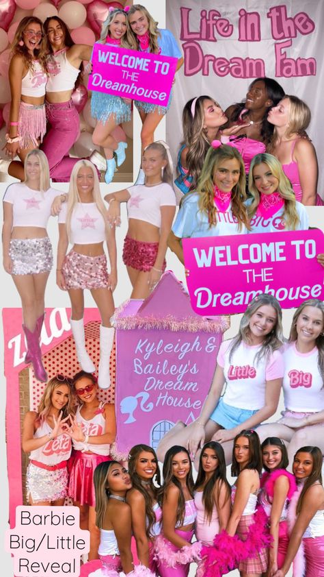 Sorority Barbie Big/Little reveal theme! #barbieoutfit #barbiemovie #barbieaesthetic #barbie #barbiebiglittlereveal #biglittle #biglittlereveal #sorority #sororityrush #sororitylife #biglittleideas Big And Lil Reveal Ideas, Sorority Reveal Themes, Barbie Big Little Reveal, Big Little Reveal Themes Sorority, Barbie Sorority, Big Little Reveal Themes, Big/little Baskets, Sorority Themes, Big Lil