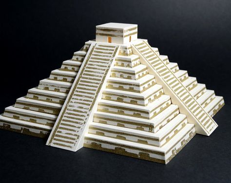 Mayan Pyramid, kit with pre-cut and lino printed parts || paper craft model of pyramid of Kulkulkan || limestone and gold color Pyramid Architecture, Maya Temple, Step Pyramid, Mayan Cities, History Project, Miniature Models, Ancient Mayan, Year 5, Fall Projects