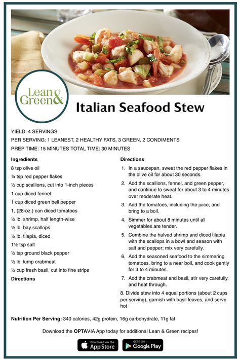 Optavia Irish Stew, Italian Seafood Stew, Optavia Fueling Hacks, Optavia Diet, Fueling Hacks, Vegan Healthy Recipes, Italian Seafood, Optavia Meals, Lean Green Recipes