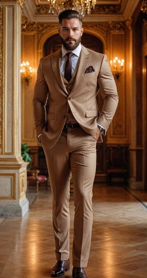 Brown Prom Suits For Men, Brown Suits Wedding, Brown Groomsmen Suits, Brown Suit Wedding, Engagement Suits, Men Fashion Photo, Brown Suit, Tan Suit, Suits Men Business