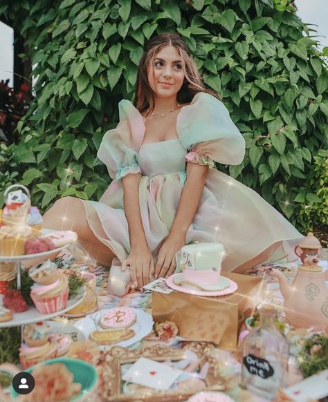 Pink Hair Spray, Whimsical Tea Party, Pie Pumpkins, Selkie Dress, Adult Tea Party, Sweet 16 Pictures, Cherry Blossom Pictures, Picnic Photo Shoot, My Birthday Cake