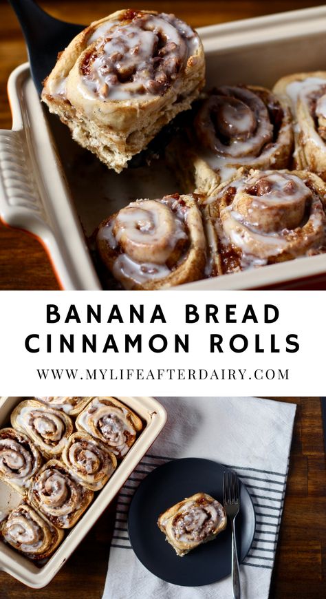 Moist Cinnamon Rolls, Light Breakfast Ideas, Banana Bread Cinnamon Rolls, Banana Bread Cinnamon, Banana Filling, Bread Cinnamon Rolls, Morning Buns, Sweet Banana Bread, Bread Cinnamon