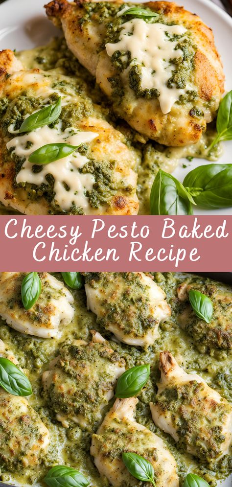 Cheesy Pesto Baked Chicken Recipe | Cheff Recipes Pesto Ideas, Pesto Baked Chicken, Fresh Pesto Recipe, Pesto Chicken Bake, Lemon Pesto Chicken, Pesto Chicken Breast, Fresh Basil Pesto, Basil Pesto Chicken, Pesto Bread