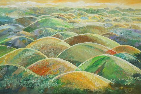 Chocolate Hills - oil on canvas 16" x 24" by JBulaong 2015 Chocolate Hills Drawing, Hills Drawing, Bohol Chocolate Hills, Chocolate Hills, Bohol Philippines, Filipino Art, Feng Shui Decor, Scenery Paintings, Art Poster Design