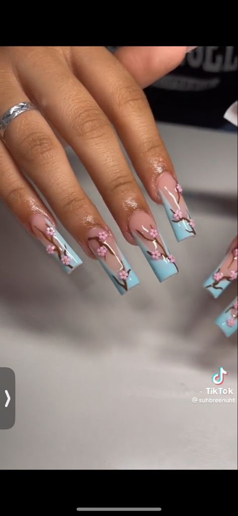 Blue Nails With Pink Flowers, Nails With Blue, Blue French Tip, Blue French Tips, White French Tip, Blue French, Acrylic Nails Coffin Pink, Birthday Nails, Acrylic Nails Coffin