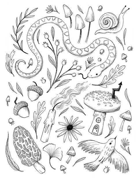 This printable coloring page is full of soothing, witchy and autumnal treasures just for you! I hope it makes you feel a little more relaxed. Made with both adults and children in mind. Please note that this is a DIGITAL DOWNLOAD ONLY, NOT A PRINTED PRODUCT.  DOWNLOAD TIPS:  Your files will be available directly after purchase at: ⮯ http://www.etsy.com/your/purchases How to download a digital item: ⮯ https://www.etsy.com/help/article/3949 Spooky Season Coloring Pages, Mothman Coloring Pages, Autumn Coloring Pages For Adults, Cryptid Coloring Pages, Hygge Coloring Page, Adult Halloween Coloring Pages, Witchy Coloring Pages, Nature Coloring Pages, Cottagecore Pattern