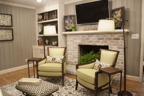 Fireplace Wood Paneling, Whitewash Brick Fireplace, Painting Paneling, Wood Paneling Living Room, Whitewash Brick, Wood Paneling Makeover, Paneling Makeover, Fireplace Wood, Dream Cabin