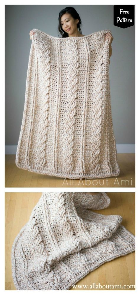 Chunky Braided Cable Blanket Free Crochet Pattern Crochet Cable Blanket, Chunky Yarn Crochet Pattern, Crochet Baby Blanket Tutorial, Cable Blanket, Cable Crochet, Knit Afghan, Chunky Crochet Blanket Pattern, Crochet Cable Stitch, Cables Blanket