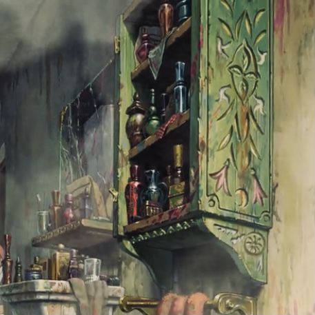 Howl's Bathroom, Howls Moving Castle Bedroom Aesthetic, Howls Moving Castle Aesthetic Room, Howls Bedroom Aesthetic, Howls Moving Castle Bedroom, Ghibli Living Room, Howl Aesthetic, Howls Bedroom, Art Studio Ghibli