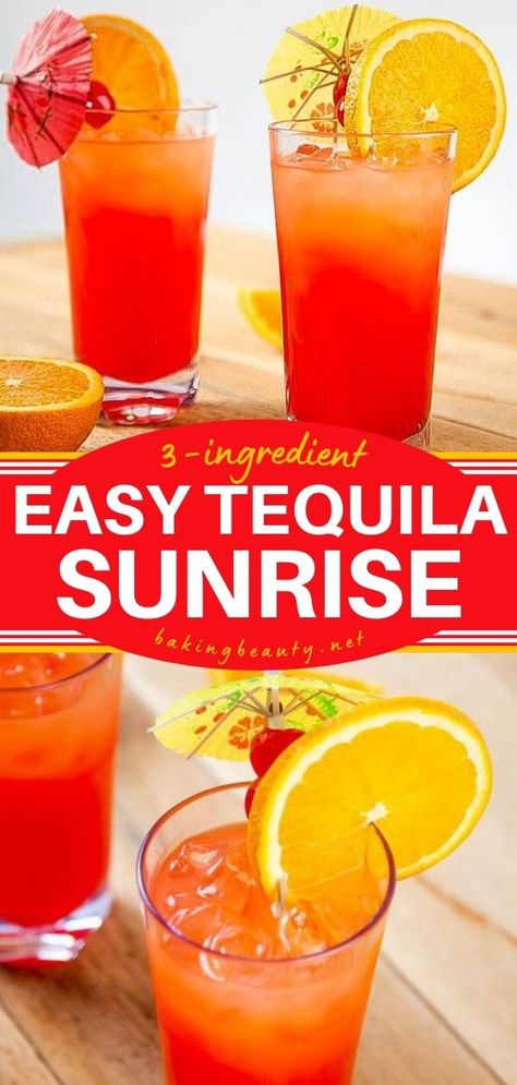 Tequila Sunrise, summer drinks, easy cocktail recipes Party Drinks Ideas, Tequila Drinks Easy, Tequila Sunrise Recipe, Tequila Mixed Drinks, Paradise Cocktail, Tequila Drinks Recipes, Tequila Sunrise Cocktail, Easy Mixed Drinks, Easy Alcoholic Drinks