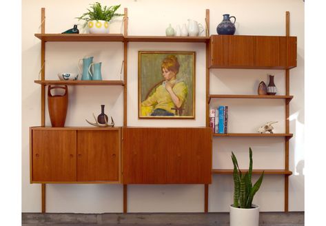 Danish Teak Wall Unit by Preben Sørensen - SOLD — Vintage Modern Maine Shallow Cabinets, Mid Century Wall Unit, Mid Century Modern Shelves, Teak Wall Unit, Modern Wall Units, Wall Shelf Unit, Modern Room Divider, Wall Shelving Units, Teak Wall