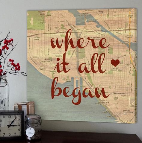 "Where it all began" - the story of your love! Such a sweet keepsake and a reminder of where your love story started! Where It All Began Quotes, Where It All Began, Vintage Map, Wooden Sign, Fell In Love, A Heart, In Love, Map, Canvas