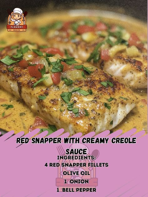 🔥 Elevate your dinner game with Red Snapper with Creamy Creole Sauce! A taste of the South in every bite. 🐟 Recipe: Red Snapper with Creamy Creole Sauce Ingredients: - 4 red snapper fillets (6 oz each) - 1 tbsp olive oil - 1/2 cup diced onion - 1/2 cup diced bell pepper - 3 cloves garlic, minced - 1 cup chicken broth - 1 cup heavy cream - 2 tbsp Creole seasoning - Salt and pepper to taste - Fresh parsley for garnish Instructions: 1. Season snapper fillets with Creole seasoning, salt, and p... Red Snapper With Shrimp Sauce, Red Snapper With Creole Sauce, Red Snapper With Creamy Creole, Roasted Red Snapper Fillet, Red Snapper Fillet, Red Snapper Ponchartrain, Creole Sauce, Dinner Games, Red Snapper